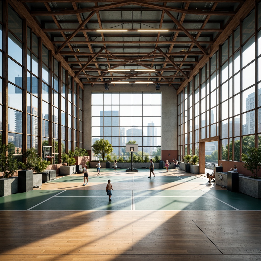 Prompt: Modern urban gymnasium, spacious interior, high ceilings, natural light, polished wooden floors, sports equipment, basketball hoops, tennis courts, athletic tracks, mirrored walls, sleek metal beams, vibrant color schemes, energetic atmosphere, bustling cityscape, morning sunlight, soft focus blur, shallow depth of field, 2/3 composition, symmetrical framing, realistic textures, ambient occlusion.