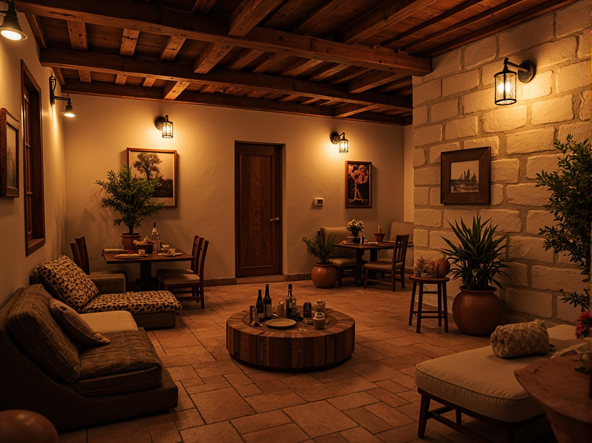 Prompt: Warm amber hues, rich wood tones, cozy lighting fixtures, rustic metal accents, earthy terracotta pots, natural stone walls, comfortable seating areas, plush throw blankets, vintage decorative items, soft warm glow, intimate atmosphere, 3/4 composition, shallow depth of field, realistic textures, ambient occlusion.