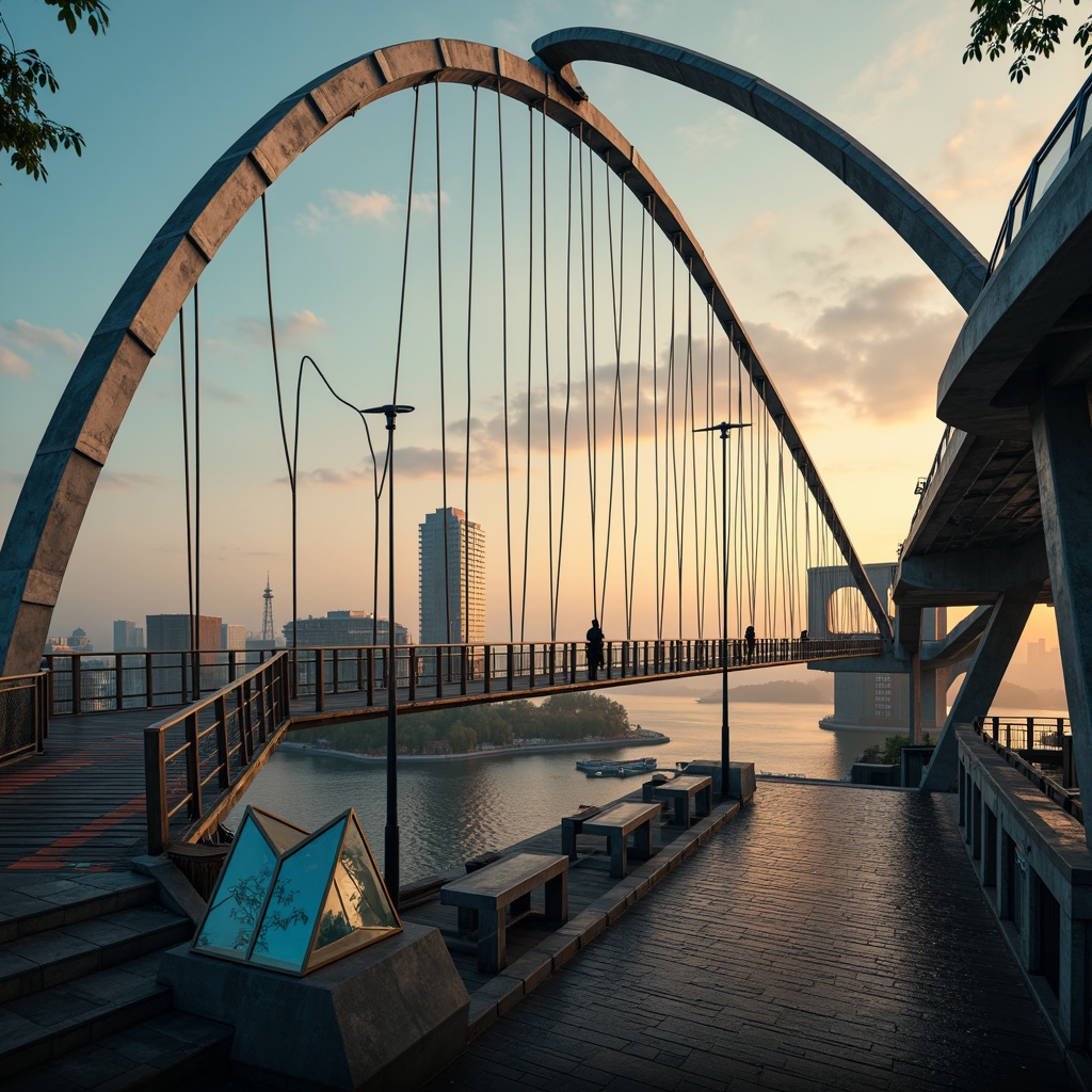 Prompt: Futuristic suspension bridge, curved metallic arches, gleaming silver cables, neon-lit pedestrian walkways, asymmetrical piers, dynamic angular forms, iridescent glass railings, LED light strips, misty atmospheric effects, warm golden lighting, shallow depth of field, 2/3 composition, dramatic low-angle shot, realistic reflective materials, ambient occlusion.