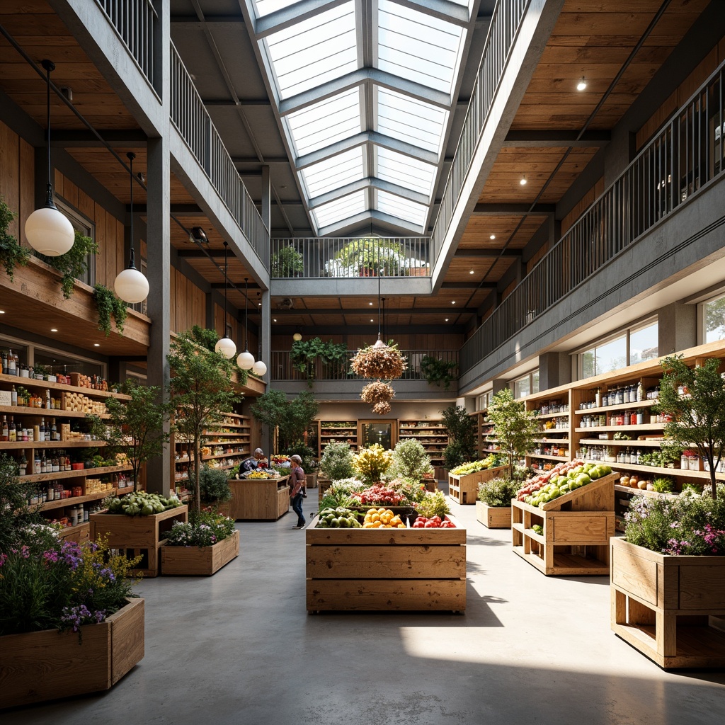 Prompt: Vibrant grocery store interior, modern rooflines with skylights, natural light pouring in, sleek metal beams, wooden accents, colorful product displays, fresh produce stands, floral arrangements, rustic wood crates, polished concrete floors, industrial-chic decor, eclectic mix of vintage and modern fixtures, soft warm lighting, shallow depth of field, 1/1 composition, realistic textures, ambient occlusion.