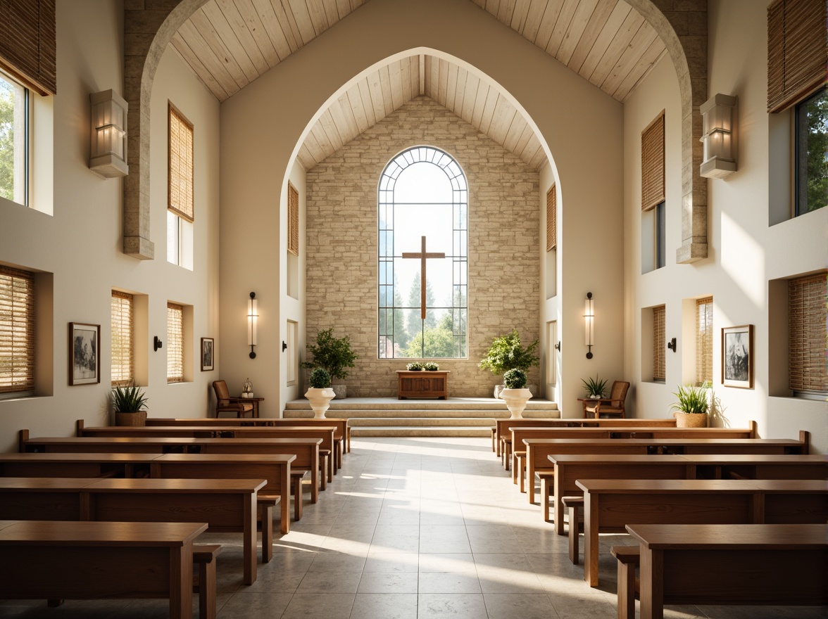 Prompt: Serene worship hall, soft warm lighting, calming color palette, creamy whites, gentle grays, soothing blues, earthy browns, natural stone walls, wooden accents, stained glass windows, subtle patterns, minimalist decor, modern religious symbols, abstract art pieces, peaceful ambiance, shallow depth of field, 3/4 composition, panoramic view, realistic textures, ambient occlusion.