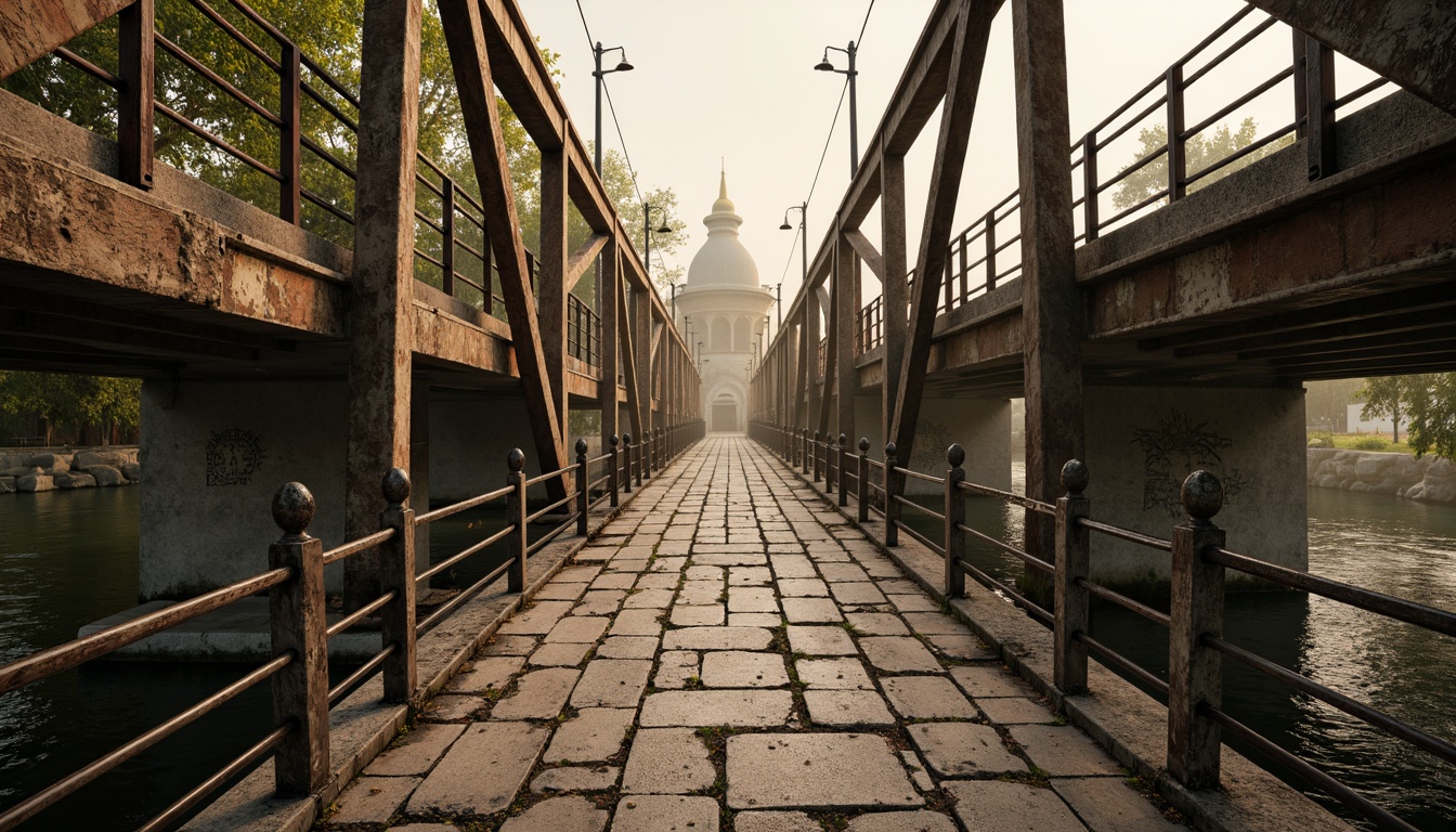 Prompt: Rustic stone bridge, weathered wooden planks, metallic railings, rough concrete piers, worn asphalt roads, steel cable suspensions, ornate ironwork details, distressed masonry walls, moss-covered stonework, serene water reflections, misty atmospheric effects, warm golden lighting, shallow depth of field, 2/3 composition, realistic material textures, ambient occlusion.