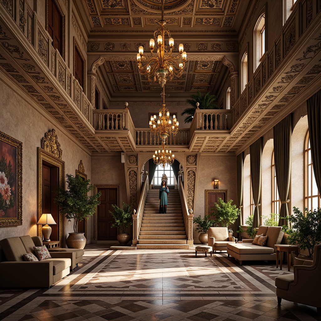 Prompt: Grandiose palace, intricately carved stonework, ornate balconies, lavish chandeliers, regal furnishings, majestic staircases, opulent fabrics, golden accents, crystal decorations, refined moldings, luxurious textiles, intricate patterns, arabesque motifs, subtle lighting, warm color palette, 3/4 composition, shallow depth of field, panoramic view.