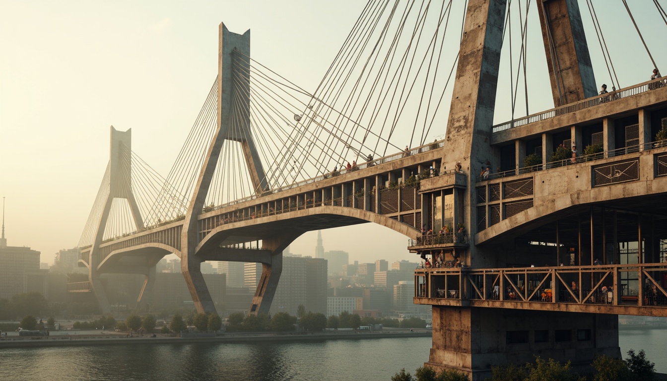 Prompt: Futuristic bridge structure, sleek metallic beams, curved arches, suspension cables, imposing piers, rust-colored steel, dynamic kinetic movements, bio-inspired forms, organic shapes, cellular patterns, molecular structures, futuristic urban landscape, misty atmospheric conditions, soft warm lighting, shallow depth of field, 3/4 composition, panoramic view, realistic textures, ambient occlusion.