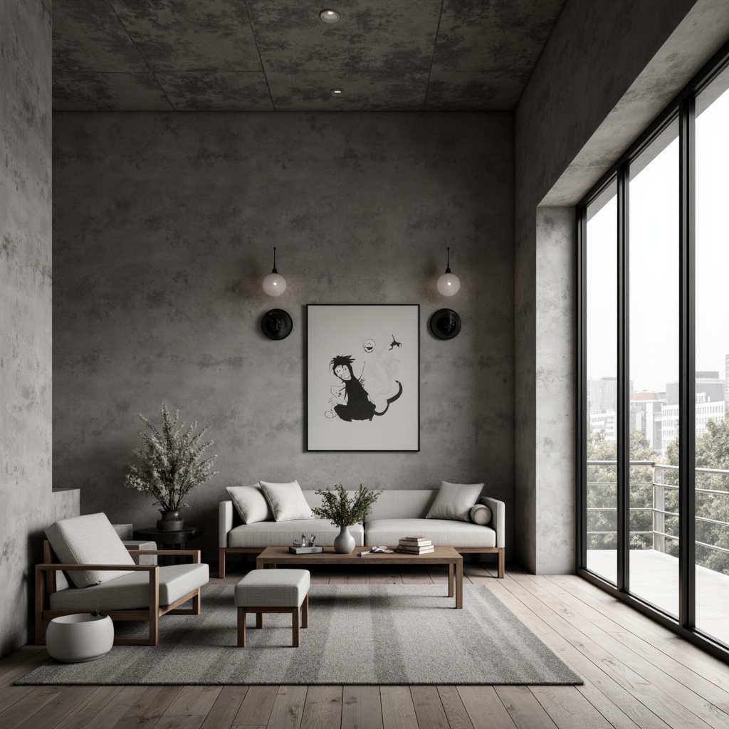 Prompt: Monochromatic interior space, neutral color palette, natural textures, exposed concrete walls, polished wooden floors, minimalist furniture, sleek metal frames, subtle ambient lighting, soft shadows, 1/1 composition, realistic rendering, atmospheric perspective, calm serene atmosphere, warm inviting ambiance, cozy reading nook, comfortable lounge seating, abstract artwork, industrial chic decor, brutalist architectural style, urban loft aesthetic.