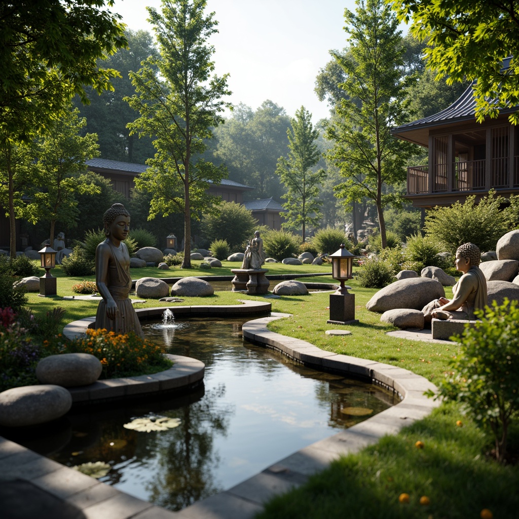 Prompt: Sacred temple grounds, lush greenery, tranquil water features, walking meditation paths, intricately carved stone lanterns, serene Buddha statues, peaceful koi ponds, natural rock formations, vibrant flower arrangements, elegant fountains, spiritual sculptures, sacred trees, soft warm lighting, shallow depth of field, 3/4 composition, panoramic view, realistic textures, ambient occlusion.