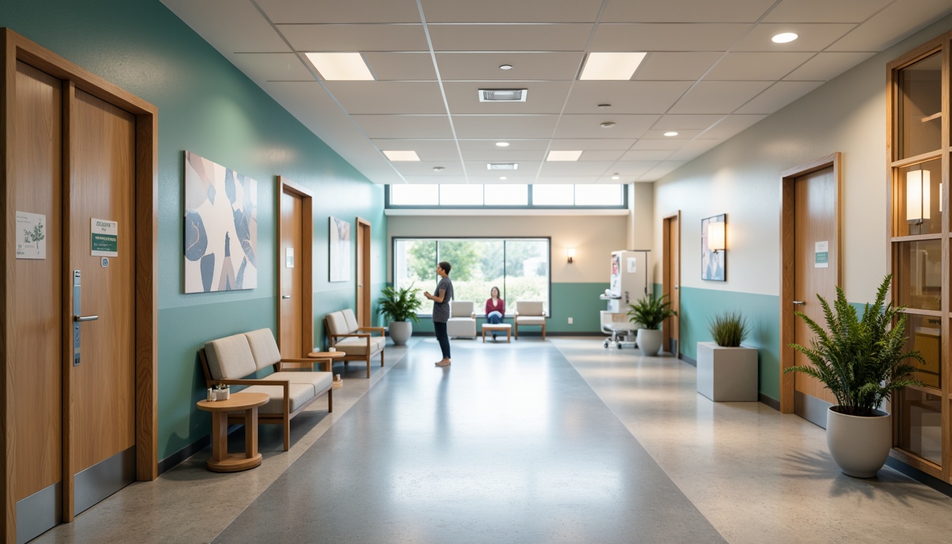 Prompt: Accessible healthcare facility, wheelchair-friendly corridors, wide doorways, gentle ramps, Braille signage, automatic sliding doors, spacious waiting areas, calming color schemes, natural light infusion, comfortable seating, ample legroom, adjustable lighting levels, minimalist obstacle-free layout, circular nurse stations, efficient workflow design, modern medical equipment, sanitary surfaces, non-slip flooring, soft warm ambiance, shallow depth of field, 3/4 composition, realistic textures, ambient occlusion.