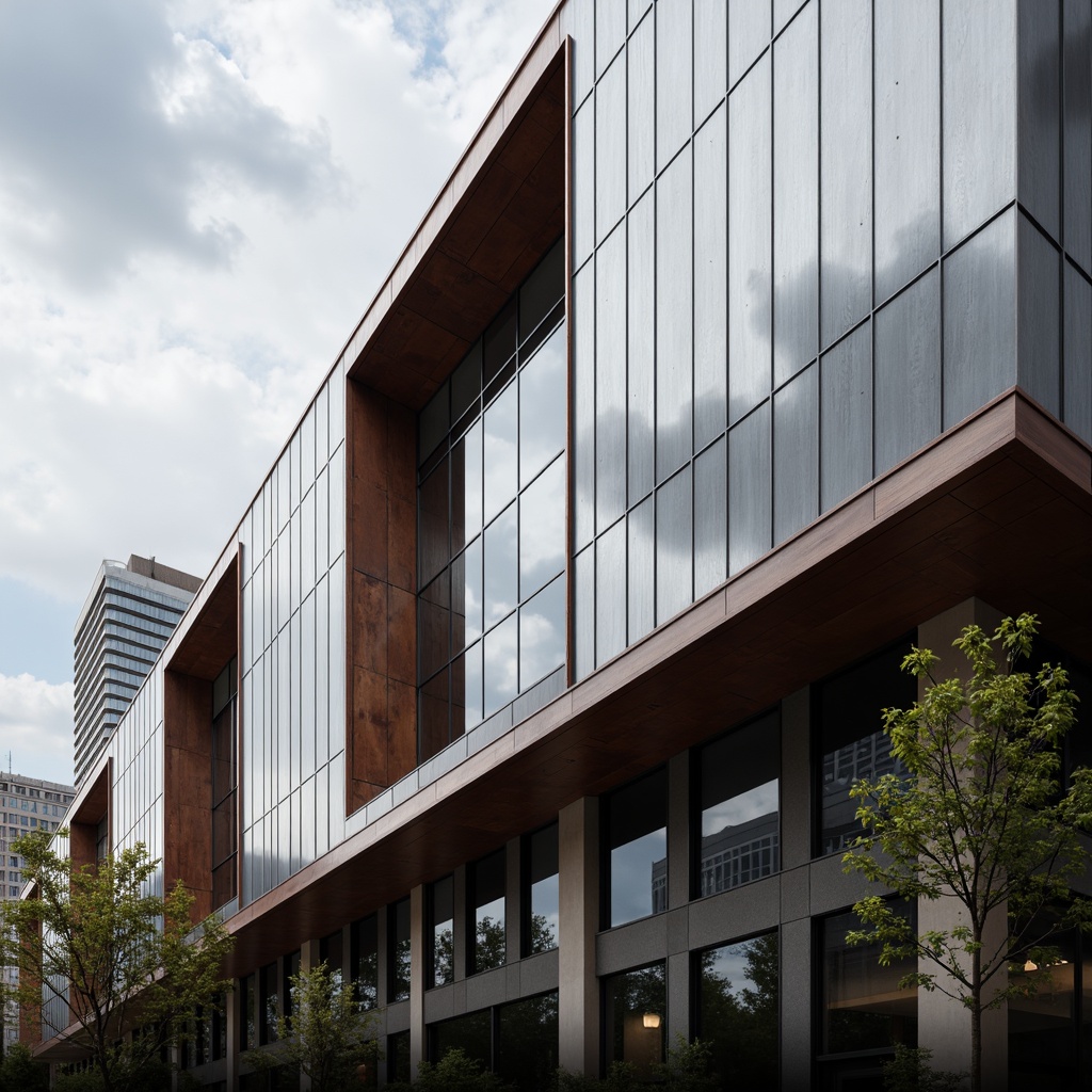 Prompt: Modern building facade, metallic cladding materials, industrial aesthetic, clean lines, minimalist design, silver aluminum panels, brushed stainless steel accents, copper roofing, rusted corten steel walls, urban cityscape, cloudy sky, dramatic shading, high-contrast lighting, abstract reflections, 1/1 composition, realistic textures, ambient occlusion.