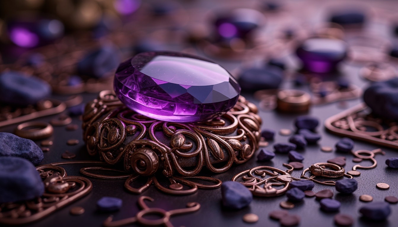 Prompt: Rich amethyst gemstone, luxurious velvet texture, deep plum hues, soft lavender undertones, metallic rose gold accents, subtle bronze undertones, warm beige backgrounds, ornate baroque patterns, intricate filigree details, mystical aura, dimly lit atmosphere, shallow depth of field, 1/2 composition, moody warm lighting, realistic reflections, ambient occlusion.