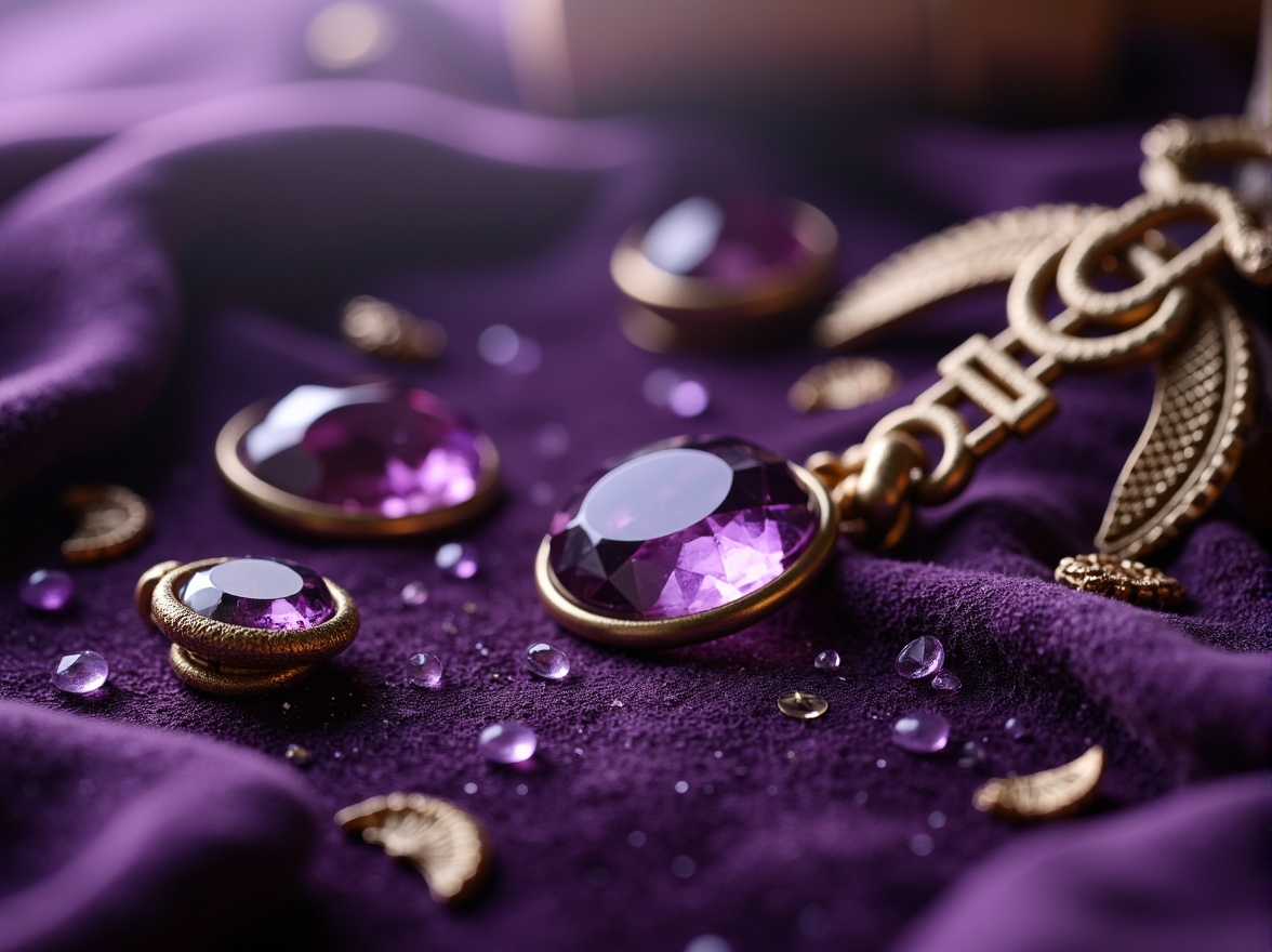 Prompt: Rich amethyst gemstones, luxurious velvet fabrics, mystical purple hues, soft lavender accents, warm golden lighting, ornate metalwork, ancient mysticism, mysterious ambiance, subtle fog effects, shallow depth of field, 1/2 composition, realistic textures, ambient occlusion.