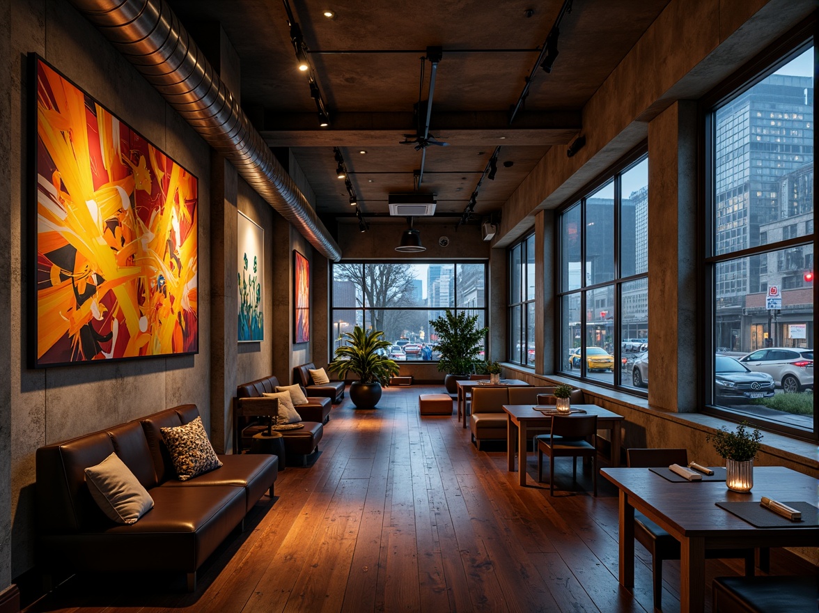 Prompt: Rustic concrete walls, exposed metal beams, industrial-style lighting fixtures, polished wooden floors, minimalist decorative elements, abstract geometric patterns, bold color accents, sleek leather furnishings, metallic accents, urban cityscape views, modern skyscrapers, busy streets, neon lights, moody atmospheric lighting, high-contrast shadows, 1/1 composition, low-angle shot, dramatic perspective, cinematic feel, realistic textures, advanced normal mapping.