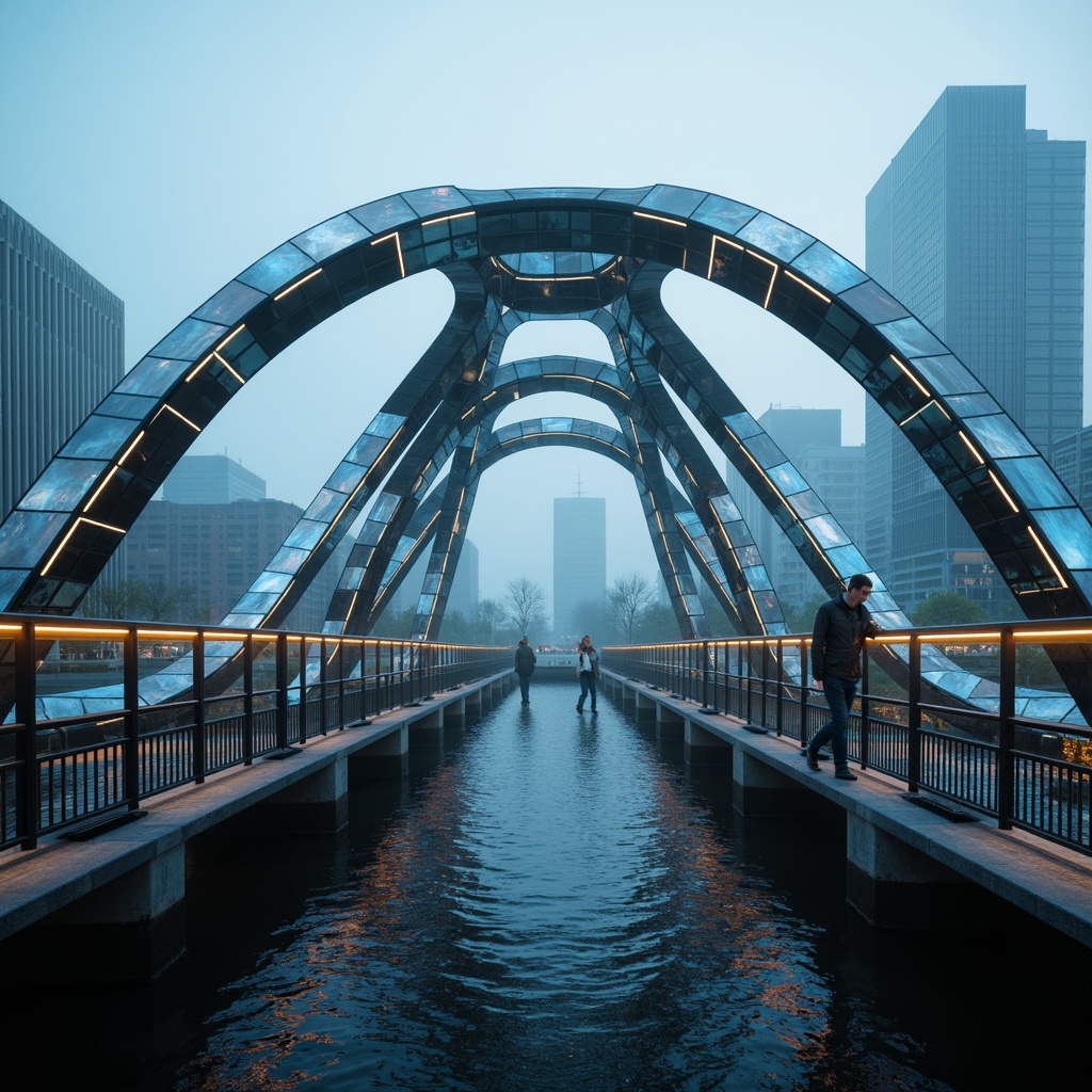 Prompt: Futuristic bridge, sleek metallic arches, neon-lit LED strips, iridescent glass panels, aerodynamic curves, cantilevered sections, suspended walkways, urban cityscape, misty atmospheric lighting, shallow depth of field, 3/4 composition, low-angle shot, futuristic infrastructure, advanced engineering materials, parametric design, algorithmic patterns, holographic projections, cyberpunk-inspired details.