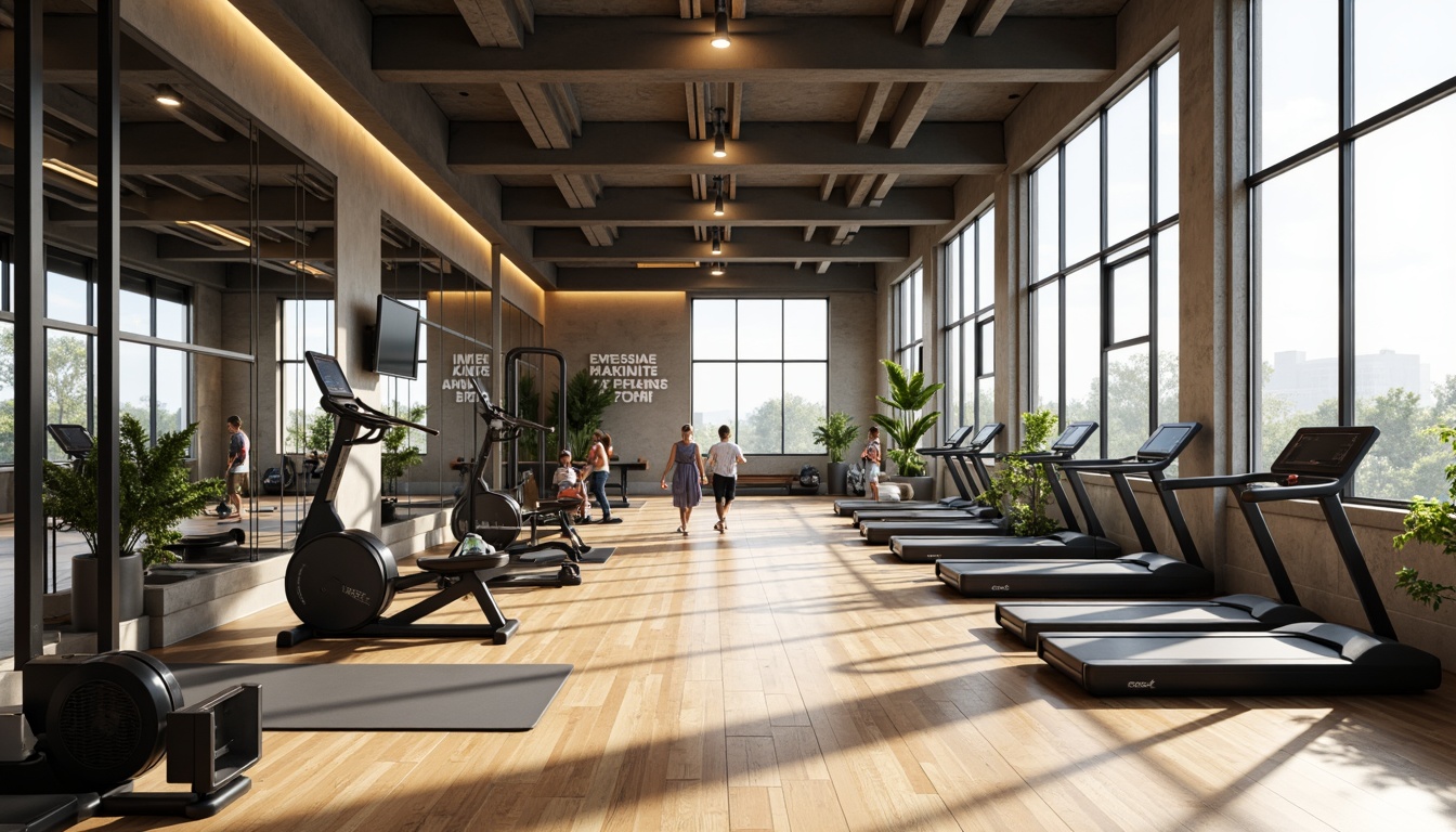 Prompt: Modern fitness club interior, high ceilings, large windows, natural light pouring in, wooden flooring, mirrored walls, state-of-the-art exercise equipment, free weights, treadmills, yoga mats, motivational quotes, clean minimalistic design, bright color scheme, LED lighting accents, soft shadows, shallow depth of field, 1/1 composition, realistic textures, ambient occlusion.