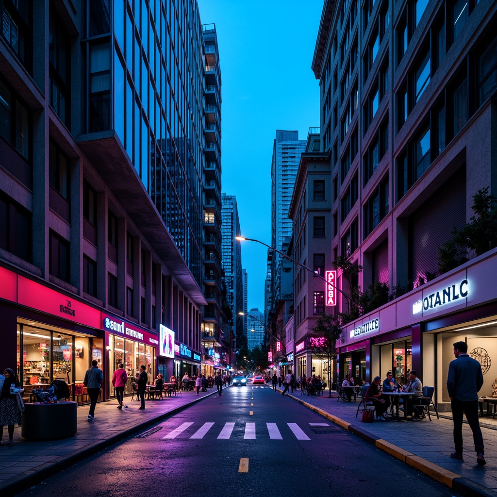 Prompt: Moody urban streetscape, blue-violet accents, sleek skyscrapers, modern cityscape, neon lights, reflective glass facades, angular building shapes, industrial metal textures, concrete roads, bustling city life, vibrant street art, trendy cafes, fashionable pedestrians, cool evening atmosphere, soft misty lighting, 1/2 composition, low-angle shot, cinematic mood, detailed urban textures, realistic reflections.