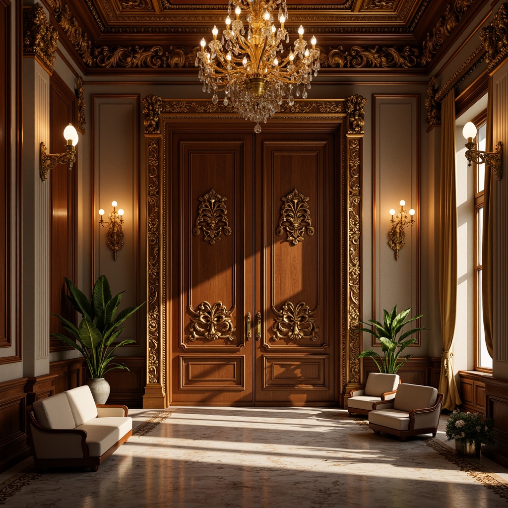 Prompt: Opulent luxurious mansion, intricately carved wooden doors, ornate gold fixtures, grand chandeliers, lavish furnishings, velvet drapes, marble floors, ornamental columns, intricate molding, Baroque-inspired architecture, warm golden lighting, soft focus, shallow depth of field, 1/1 composition, realistic textures, ambient occlusion.