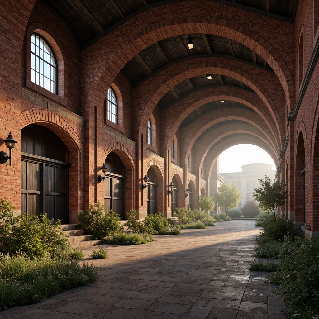 Prompt: Rustic industrial landscape, abandoned factory backdrop, Romanesque arches, brick-red fa\u00e7ade, stone carvings, ornate capitals, vaulted ceilings, rounded windows, heavy metal doors, distressed textures, warm earthy tones, soft natural lighting, atmospheric fog, 1/2 composition, realistic render, ambient occlusion.Let me know if this meets your requirements!