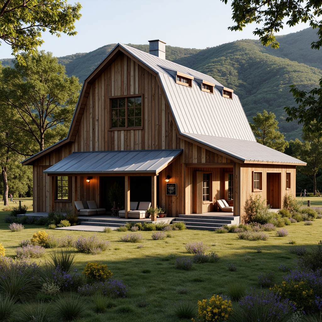 Prompt: Rustic barn, weathered wood, corrugated metal roofing, asymmetrical gable roof, clerestory windows, natural ventilation, earthy tones, rural landscape, rolling hills, countryside views, wildflower meadows, rustic fence lines, wooden accents, country charm, distressed finishes, vintage decorative elements, lantern-inspired lighting, warm cozy atmosphere, soft golden lighting, shallow depth of field, 1/1 composition, realistic textures, ambient occlusion.