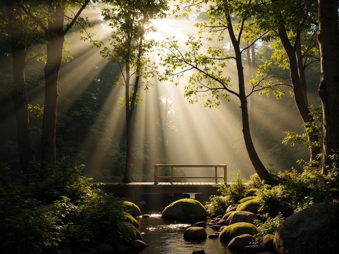 Prompt: Ethereal forest, dappled sunlight, misty atmosphere, soft warm glow, filtered natural light, gentle beam of light, delicate foliage, intricate branch structures, earthy tones, moss-covered trees, rustic wooden bridges, serene water features, rippling streams, subtle color palette, high-key lighting, hazy depth of field, 1/1 composition, cinematic perspective, realistic rendering, ambient occlusion.