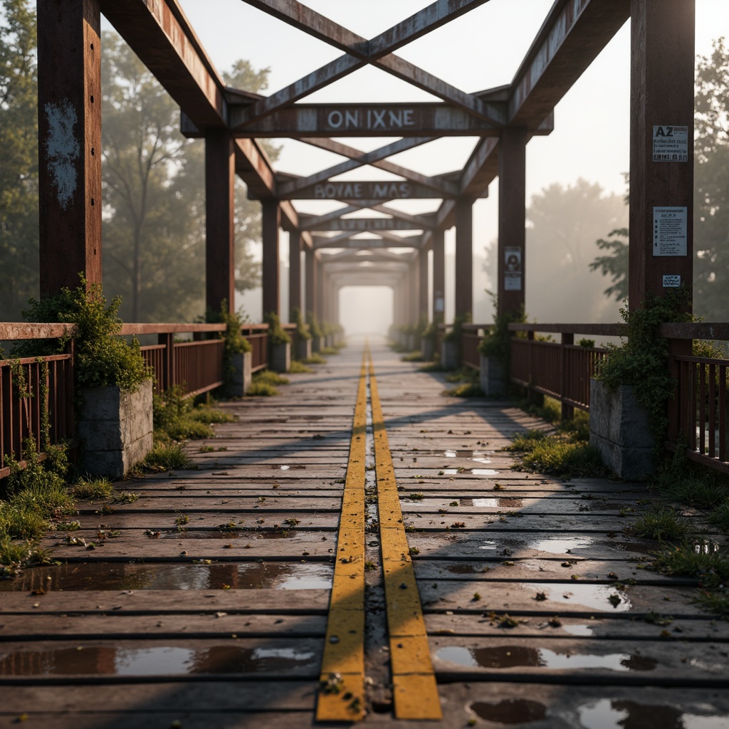 Prompt: Rustic bridge surface, weathered steel beams, rough stone piers, worn wooden planks, distressed metal railings, faded signage, moss-covered abutments, natural rock formations, misty morning atmosphere, soft warm lighting, high dynamic range, shallow depth of field, 2/3 composition, realistic material textures, ambient occlusion.