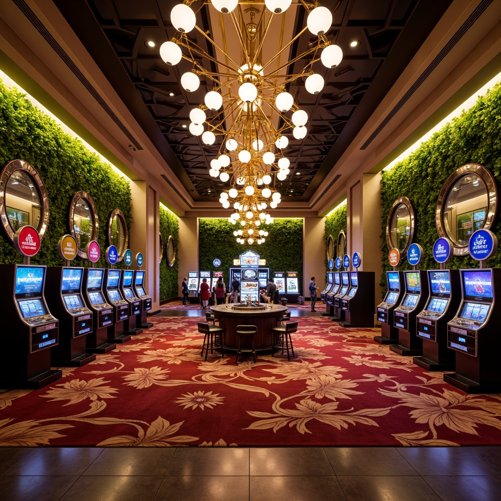 Prompt: Luxurious casino interior, lavish chandeliers, rich velvet fabrics, ornate mirrors, glossy marble floors, sleek modern slot machines, vibrant LED light installations, lush green walls, natural stone accents, energy-efficient lighting systems, solar-powered exterior fa\u00e7ade, green roofs, rainwater harvesting systems, eco-friendly building materials, minimalist decor, circular patterns, 3/4 composition, soft warm lighting, shallow depth of field, panoramic view, realistic textures, ambient occlusion.