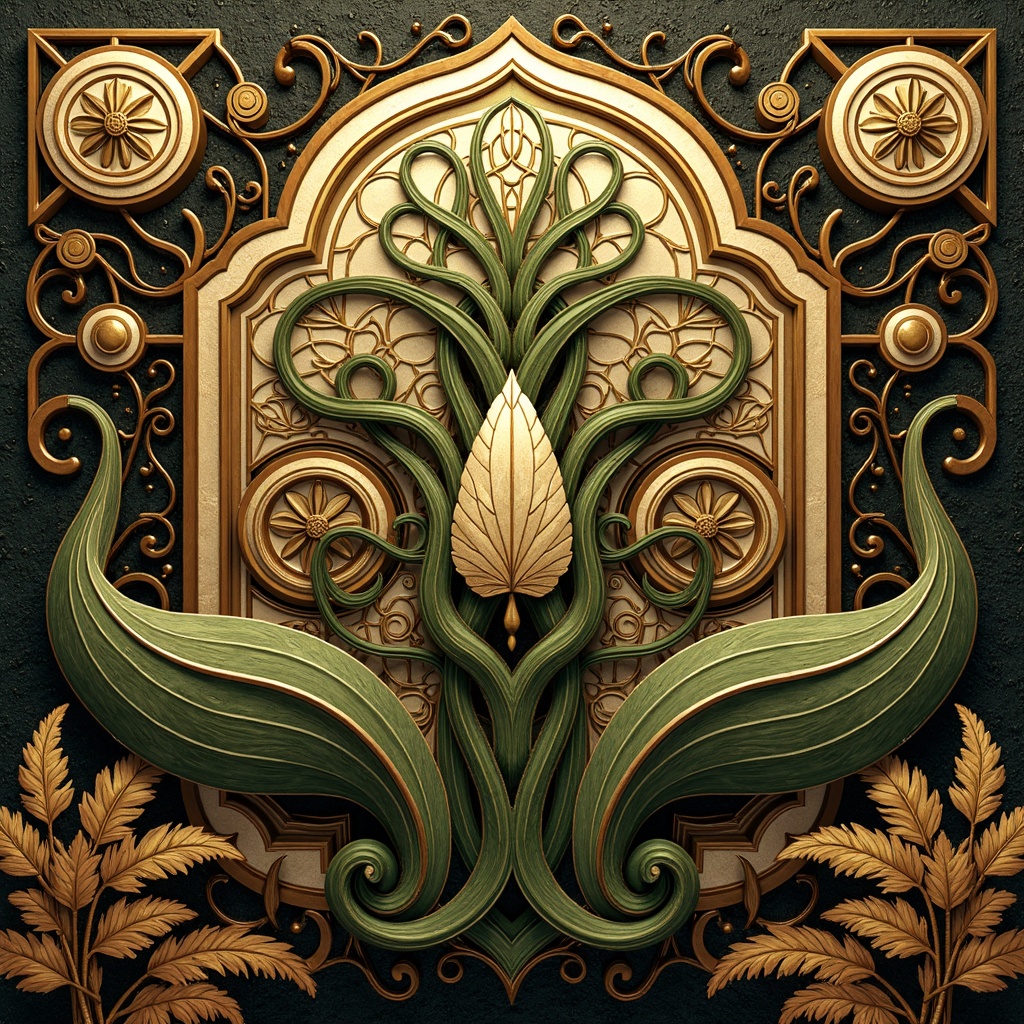 Prompt: Intricate Art Nouveau patterns, luxurious materials, ornate details, flowing curves, organic forms, soft golden lighting, warm earthy tones, rich jewel-toned colors, iridescent sheens, metallic accents, opulent textiles, velvety surfaces, natural motifs, botanical inspirations, whimsical illustrations, dreamlike atmospheres, subtle gradient effects, layered transparent glazes, elegant typography, ornamental flourishes, sophisticated color harmony, balanced composition, refined decorative elements.