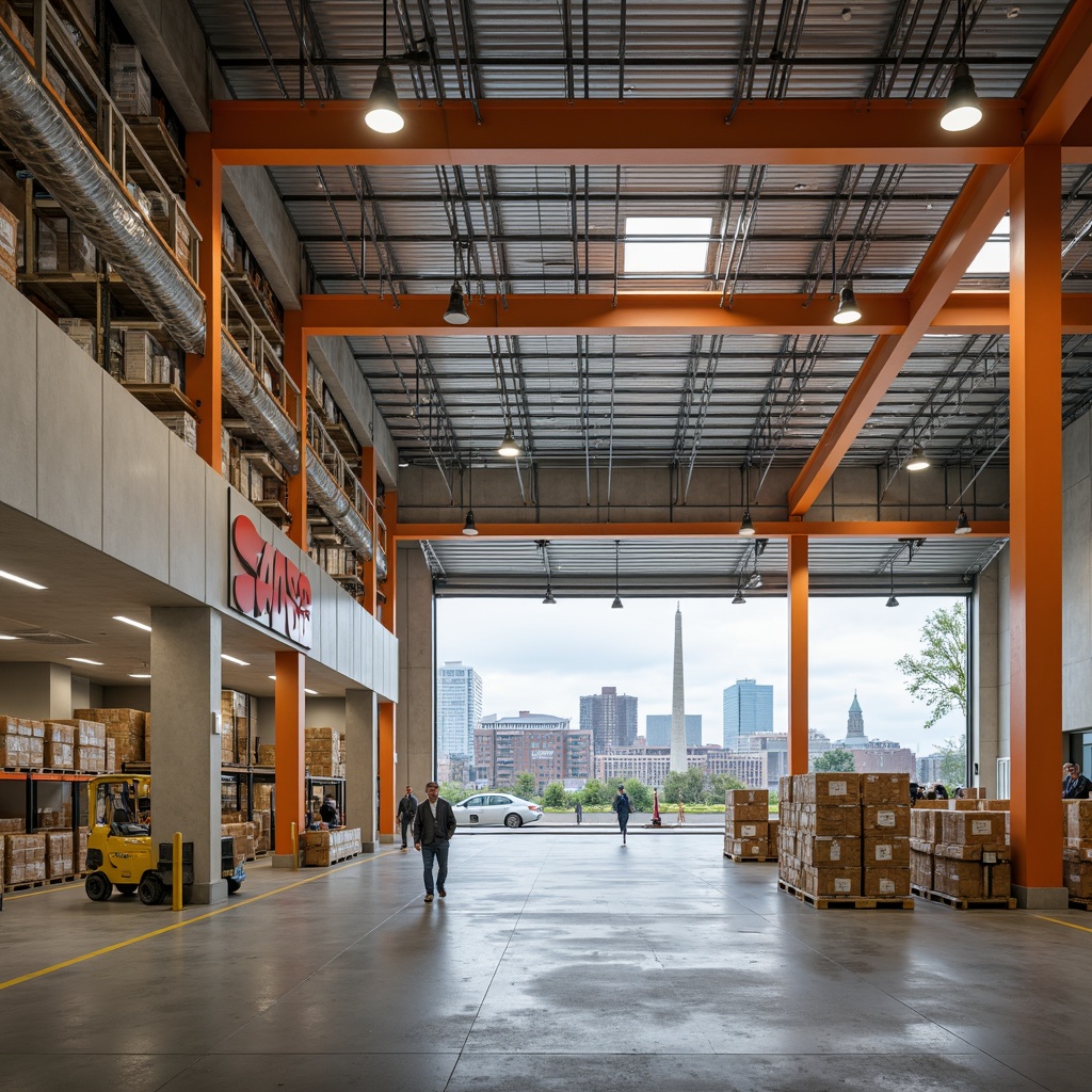 Prompt: Industrial distribution center, functional warehouses, bold primary colors, neutral beige tones, accents of bright orange, metallic silver finishes, concrete floors, steel beams, modern LED lighting, high ceilings, open spaces, efficient layouts, organized storage systems, commercial signage, urban cityscape, cloudy day, softbox lighting, 1/2 composition, realistic textures, ambient occlusion.