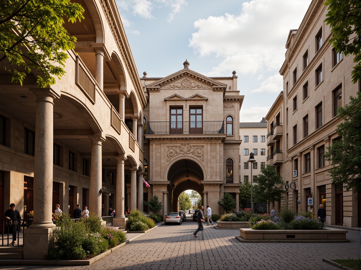 Prompt: Historic urban landscape, Renaissance-style gymnasium, ornate stone fa\u00e7ade, grand entrance archways, tall columns, intricate carvings, rusticated quoins, symmetrical composition, warm golden lighting, soft focus, atmospheric perspective, 1/2 composition, elegant lanterns, wrought iron railings, cobblestone streets, vintage street lamps, lush greenery, blooming flowers, sunny afternoon, subtle color grading, cinematic ambiance.