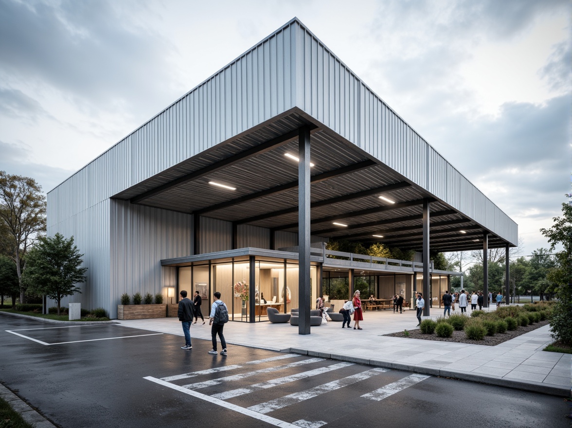 Prompt: Modern industrial building, steel frame construction, sleek metal beams, corrugated roofing, functional design, open floor plan, abundant natural light, high ceiling, minimalist aesthetics, urban landscape, cloudy day, soft diffused lighting, shallow depth of field, 1/1 composition, realistic reflections, ambient occlusion.