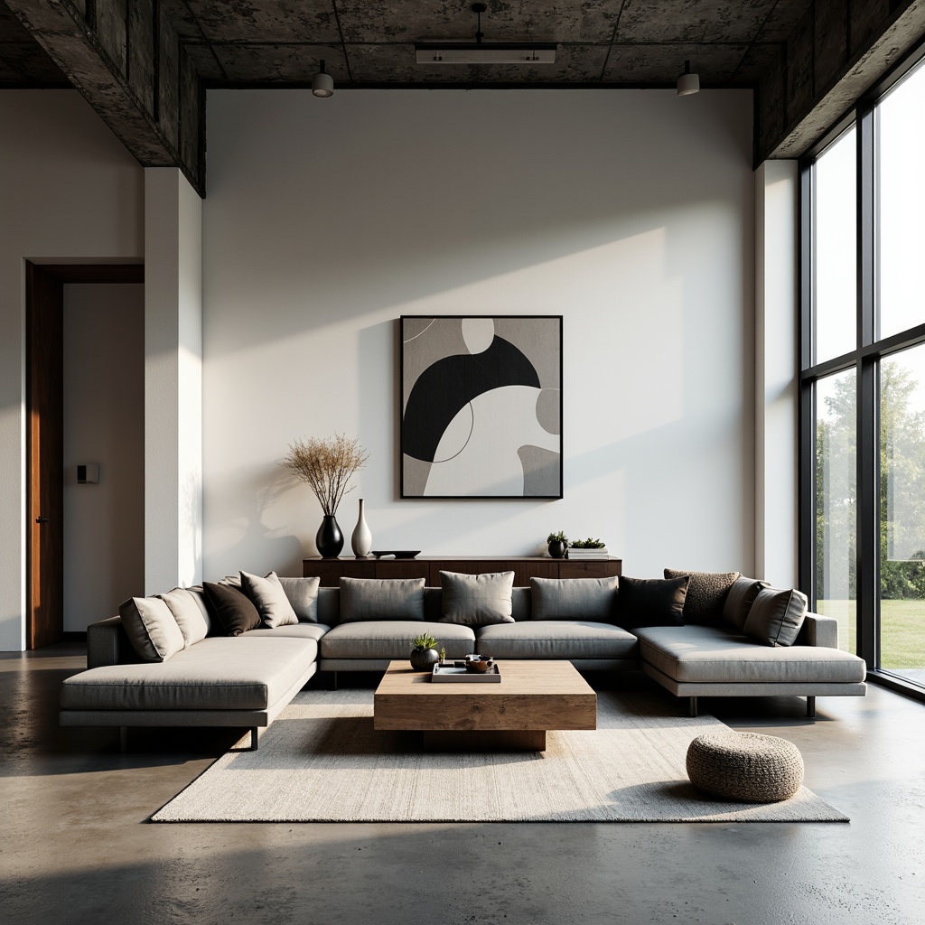 Prompt: Minimalist living room, monochromatic color scheme, sleek low-profile furniture, polished concrete floors, industrial-chic metal beams, floor-to-ceiling windows, abundant natural light, geometric-shaped decorative accents, abstract artwork, luxurious velvet upholstery, subtle texture contrasts, warm ambient lighting, 1/1 composition, shallow depth of field, realistic material reflections.