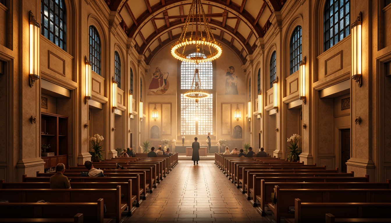 Prompt: Elegant international-style church interior, grand high ceilings, ornate chandeliers, stained glass windows, warm golden lighting, subtle ambient glow, LED strip lights, minimalist pendant lamps, sleek metal fixtures, dramatic spotlights, sacred symbols, intricate mosaics, rich wood tones, marble floors, soft diffused light, atmospheric fog effect, 1/2 composition, symmetrical framing, warm color palette, realistic reflections.