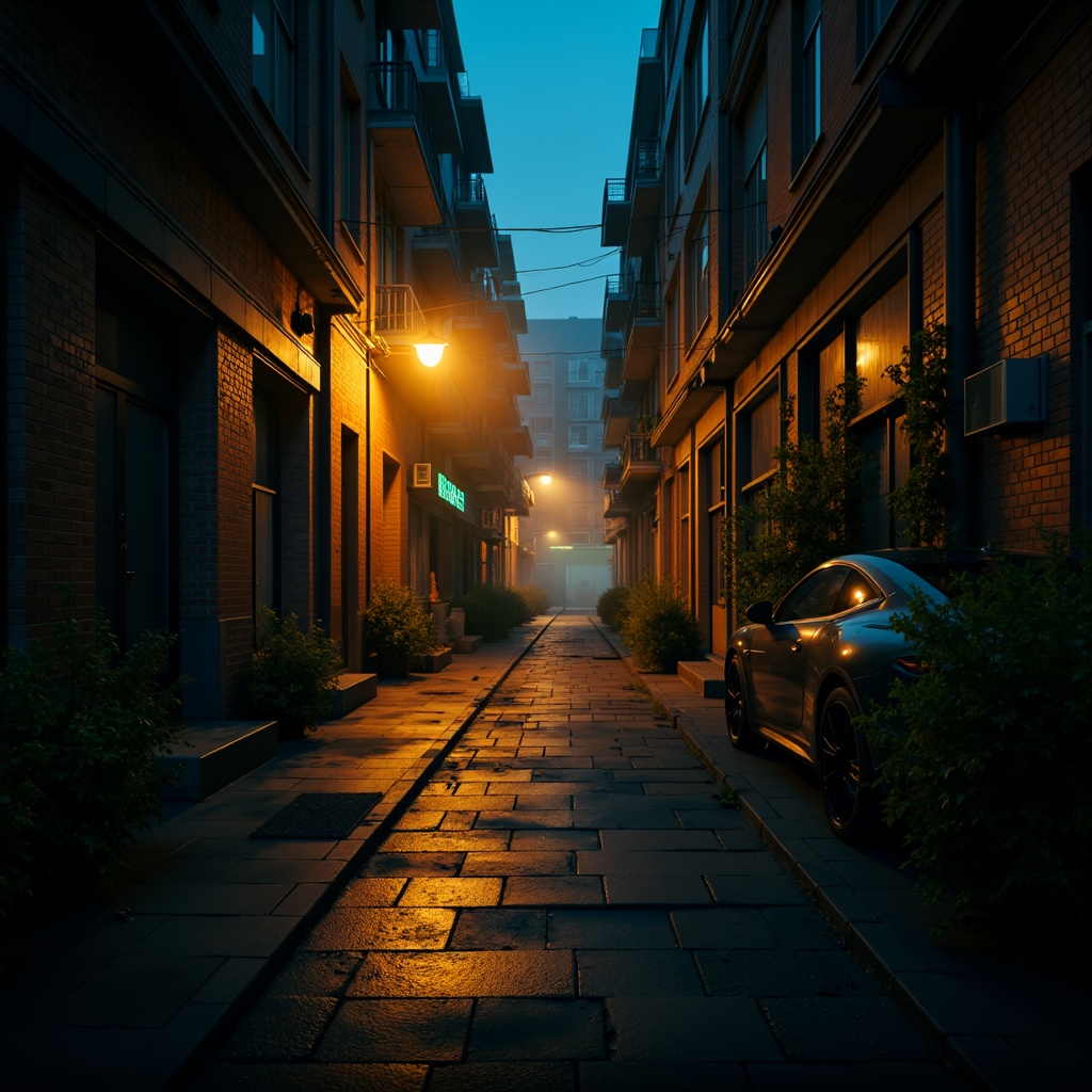 Prompt: Moody dark alleys, flickering street lamps, warm golden lighting, eerie shadows, mysterious fog, dramatic spotlights, bold color contrasts, high-contrast ratios, intense beam angles, low-key illumination, cinematic atmosphere, suspenseful ambiance, mysterious silhouettes, glowing neon signs, misty rainy nights, urban cityscapes, abandoned buildings, old factories, creepy corridors, dimly lit staircases, ominous archways, haunting reflections, warm golden highlights, cool blue tones, dynamic lighting transitions, 1/2 composition, low-angle shots, cinematic lenses.