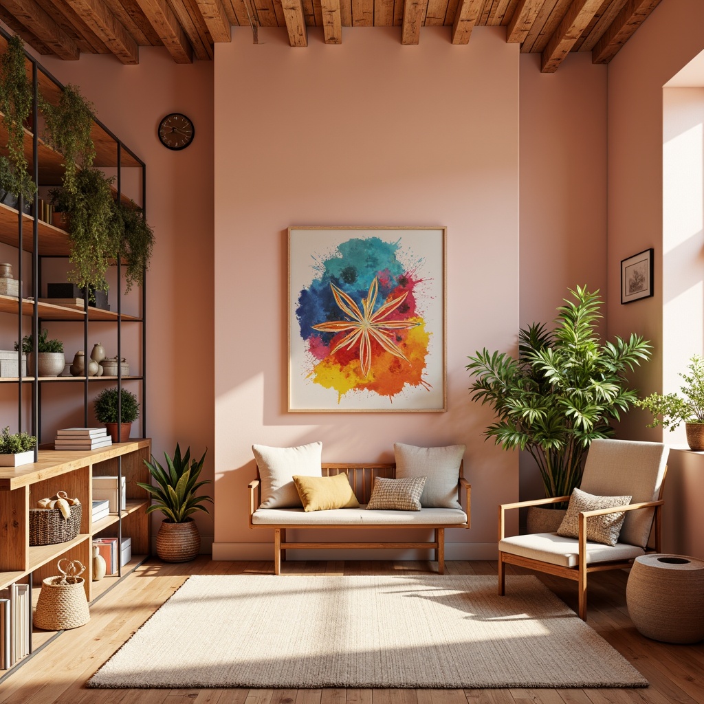 Prompt: Vibrant creative studio, pastel color scheme, soft peach walls, rich wood accents, eclectic decorative items, natural textiles, ambient warm lighting, cozy atmosphere, minimal ornamentation, Scandinavian-inspired furniture, bold artistic expressions, emotive brushstrokes, expressive splashes of color, dynamic composition, shallow depth of field, 1/1 aspect ratio, realistic renderings.