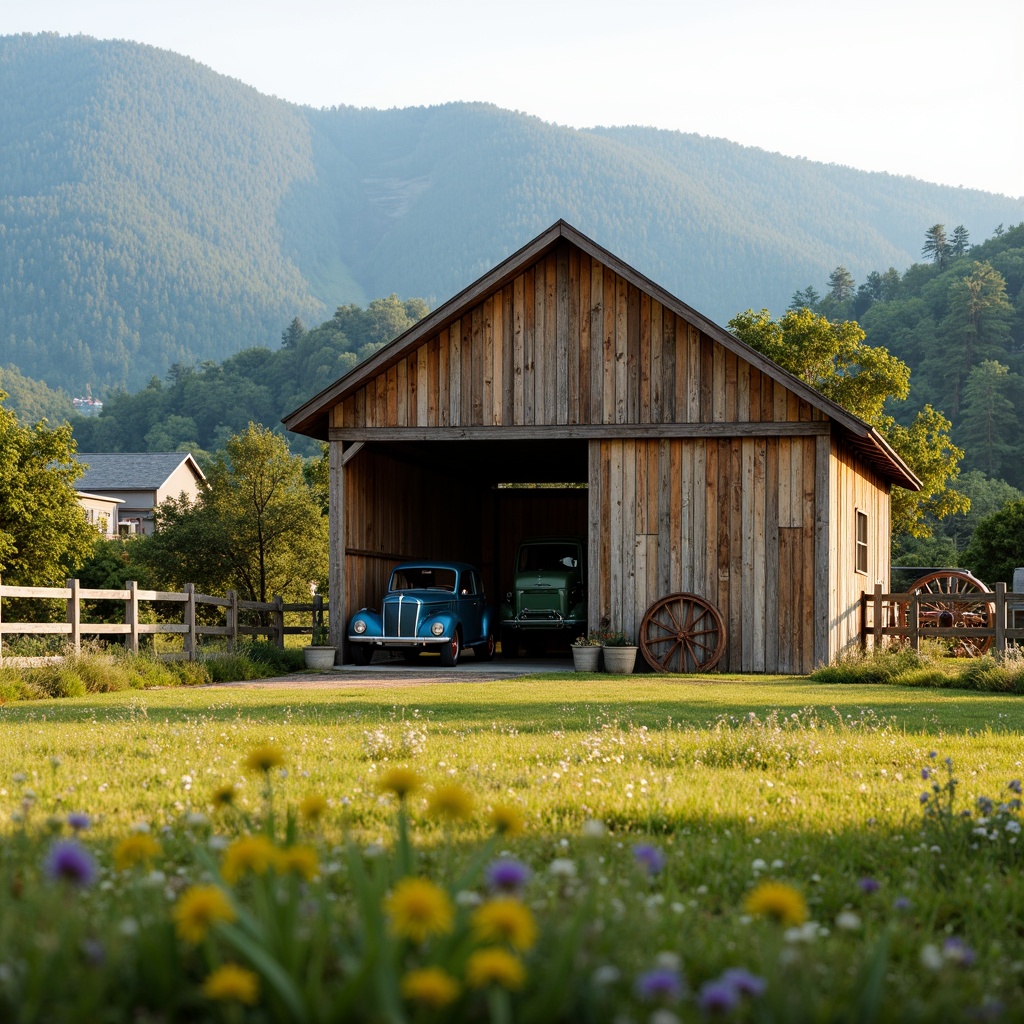 Prompt: Rustic barn, wooden accents, vintage farm equipment, rolling hills, lush green pastures, wildflowers, serene countryside, natural stone walls, weathered wood fences, earthy color palette, warm sunny day, soft diffused lighting, shallow depth of field, 3/4 composition, panoramic view, realistic textures, ambient occlusion, symmetrical architecture, functional design, rural charm, regional character, blending with surroundings, harmonious coexistence.