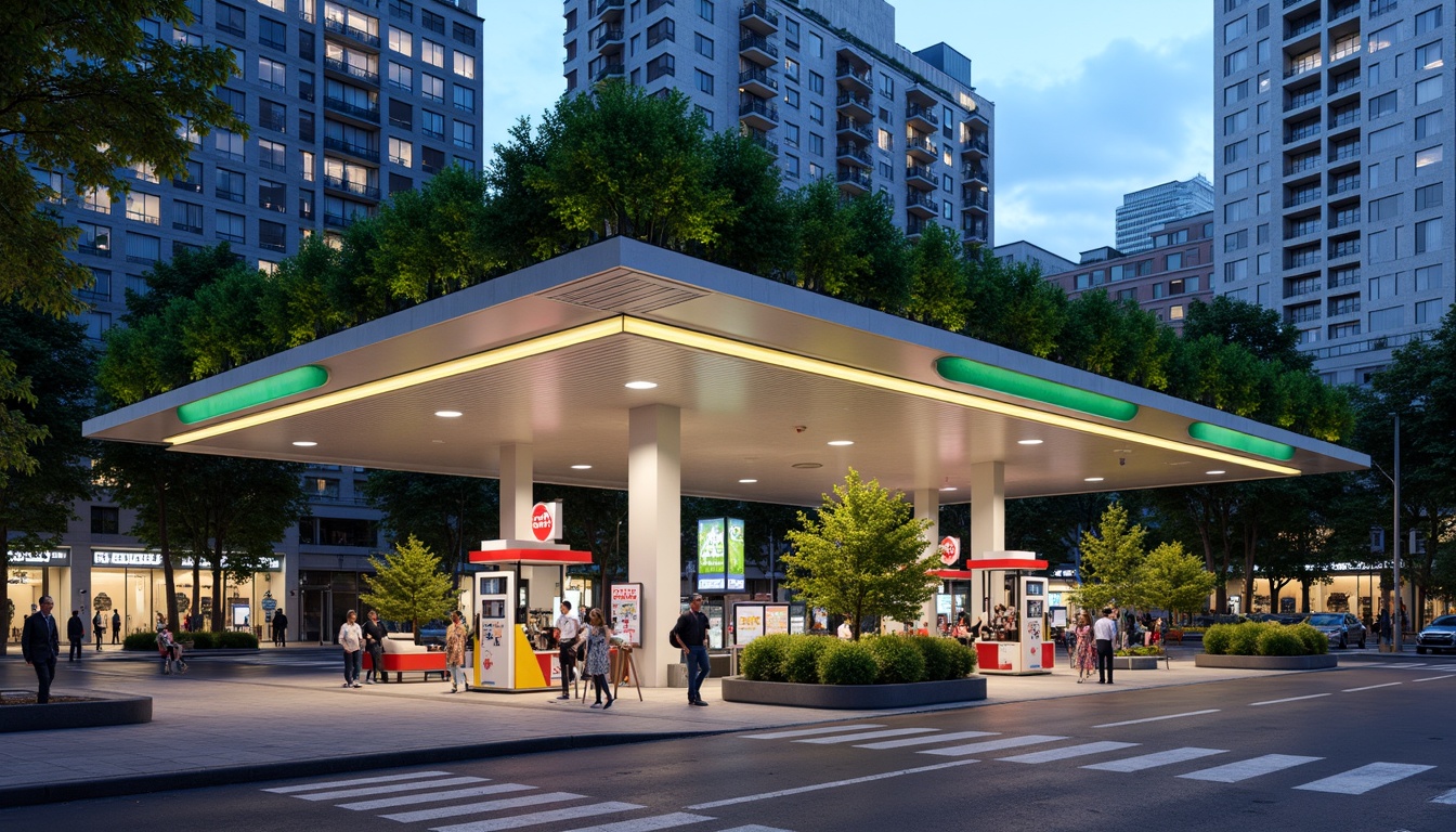 Prompt: Modern gas station, urban landscape, bustling city streets, neon signage, sleek metal canopy, green roof systems, solar panels, energy-efficient pumps, eco-friendly fueling systems, minimalist architecture, angular lines, bold color schemes, LED lighting, futuristic ambiance, shallow depth of field, 1/1 composition, panoramic view, realistic textures, ambient occlusion, urban furniture, pedestrian walkways, public art installations, vibrant street art, dynamic city life.