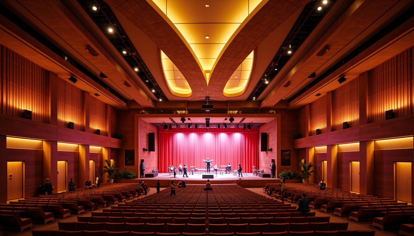 Prompt: Vibrant concert hall, bold red curtains, warm golden lighting, rich wood accents, sleek metal fixtures, dramatic spotlights, dynamic shadows, energetic atmosphere, avant-garde architecture, abstract patterns, geometric shapes, rhythmic textures, harmonious color palette, monochromatic scheme, contrasting hues, analogous tones, triadic harmony, warm neutrals, cool pastels, luminescent ceilings, reflective surfaces, immersive experience, 360-degree views, panoramic vistas, cinematic lighting design, high-contrast rendering.