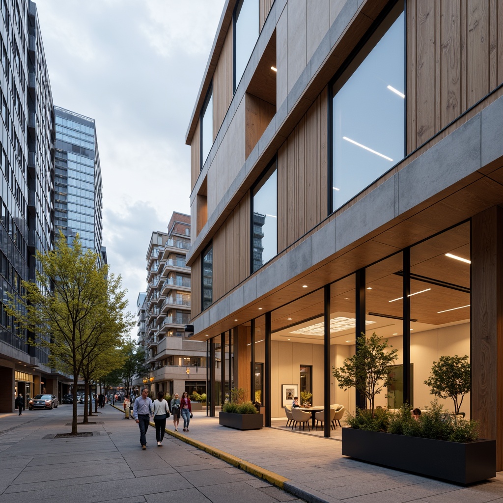 Prompt: Modern building facade, sleek glass windows, metallic accents, urban cityscape, cloudy day, soft natural lighting, warm beige tones, rich wood textures, industrial chic aesthetic, exposed ductwork, polished concrete floors, vibrant accent walls, bold typography, minimalist design, functional simplicity, 1/2 composition, shallow depth of field, realistic renderings.