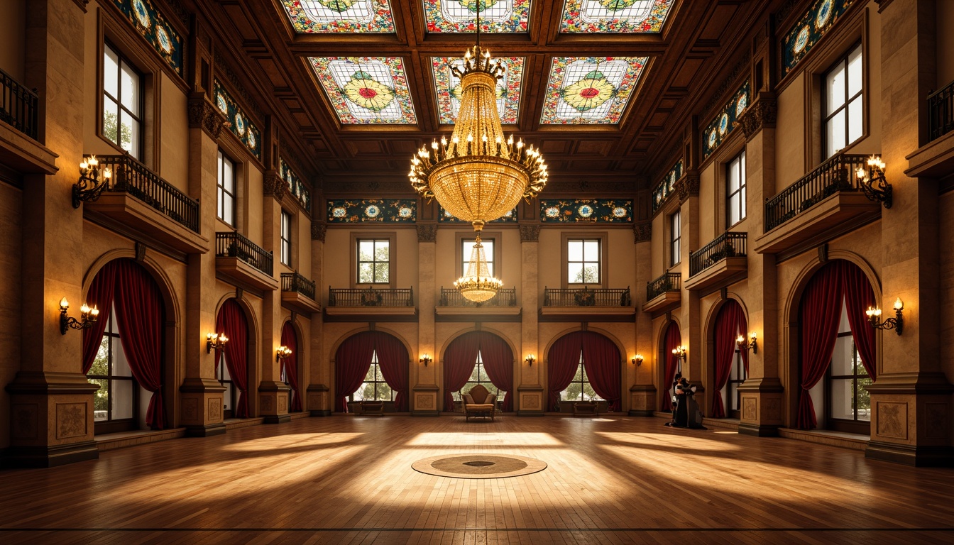 Prompt: Renaissance-style gymnasium, ornate wooden floors, grandiose chandeliers, stained glass ceilings, vibrant colored glass accents, intricate mosaics, arched windows, ornamental columns, luxurious velvet curtains, dramatic spotlights, warm golden lighting, shallow depth of field, 3/4 composition, symmetrical framing, realistic textures, ambient occlusion.