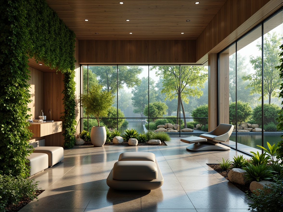 Prompt: Calming dental clinic, lush green walls, natural stone floors, wooden accents, floor-to-ceiling windows, abundance of plants, soothing water features, peaceful outdoor views, serene atmosphere, modern minimalist design, sleek lines, calming color palette, soft warm lighting, shallow depth of field, 3/4 composition, panoramic view, realistic textures, ambient occlusion, gentle curves, ergonomic furniture, comfortable waiting areas, private treatment rooms, state-of-the-art equipment, futuristic dental chairs.