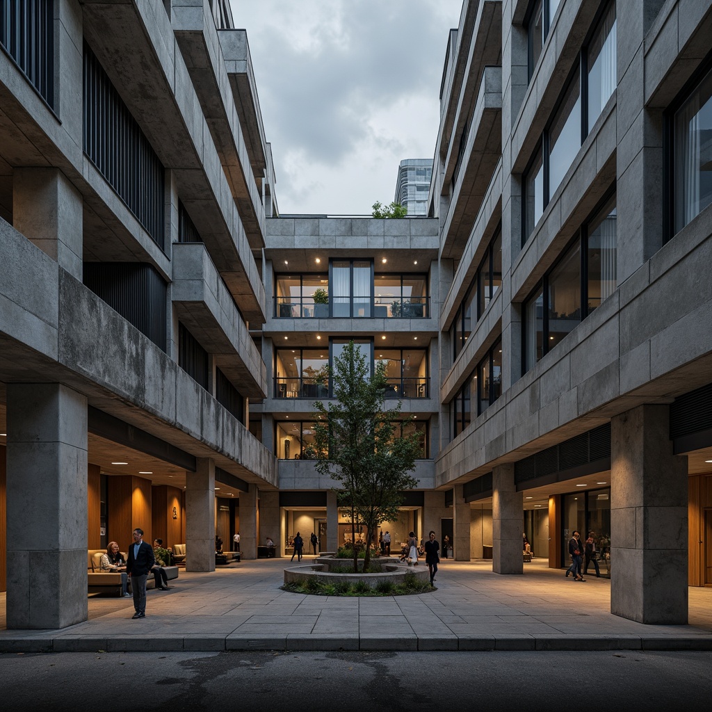 Prompt: Rugged office building, brutalist architecture, raw concrete textures, exposed ductwork, industrial metal beams, weathered wooden accents, matte black finishes, minimalist decor, urban cityscape, overcast skies, dramatic lighting, deep shadows, high contrast ratios, 1/1 composition, symmetrical framing, realistic renderings, ambient occlusion, subtle atmospheric effects.