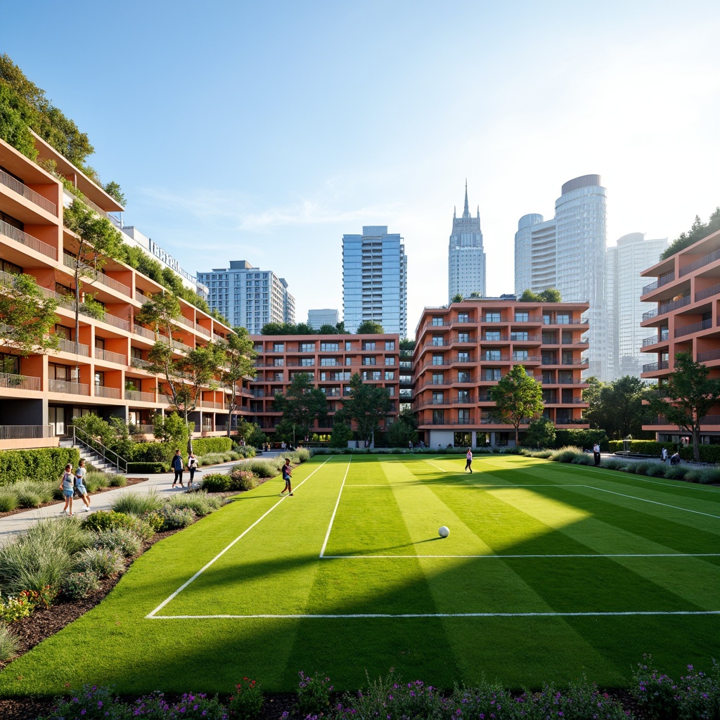 Prompt: Vibrant sports field, lush green grass, modern social housing, angular fa\u00e7ade design, cantilevered balconies, bold color accents, dynamic lighting effects, urban landscape, city skyline views, energetic atmosphere, recreational facilities, jogging tracks, outdoor fitness stations, playground equipment, communal gardens, rooftop terraces, sustainable building materials, eco-friendly architecture, innovative ventilation systems, natural daylight optimization, 3/4 composition, shallow depth of field, panoramic view, realistic textures, ambient occlusion.