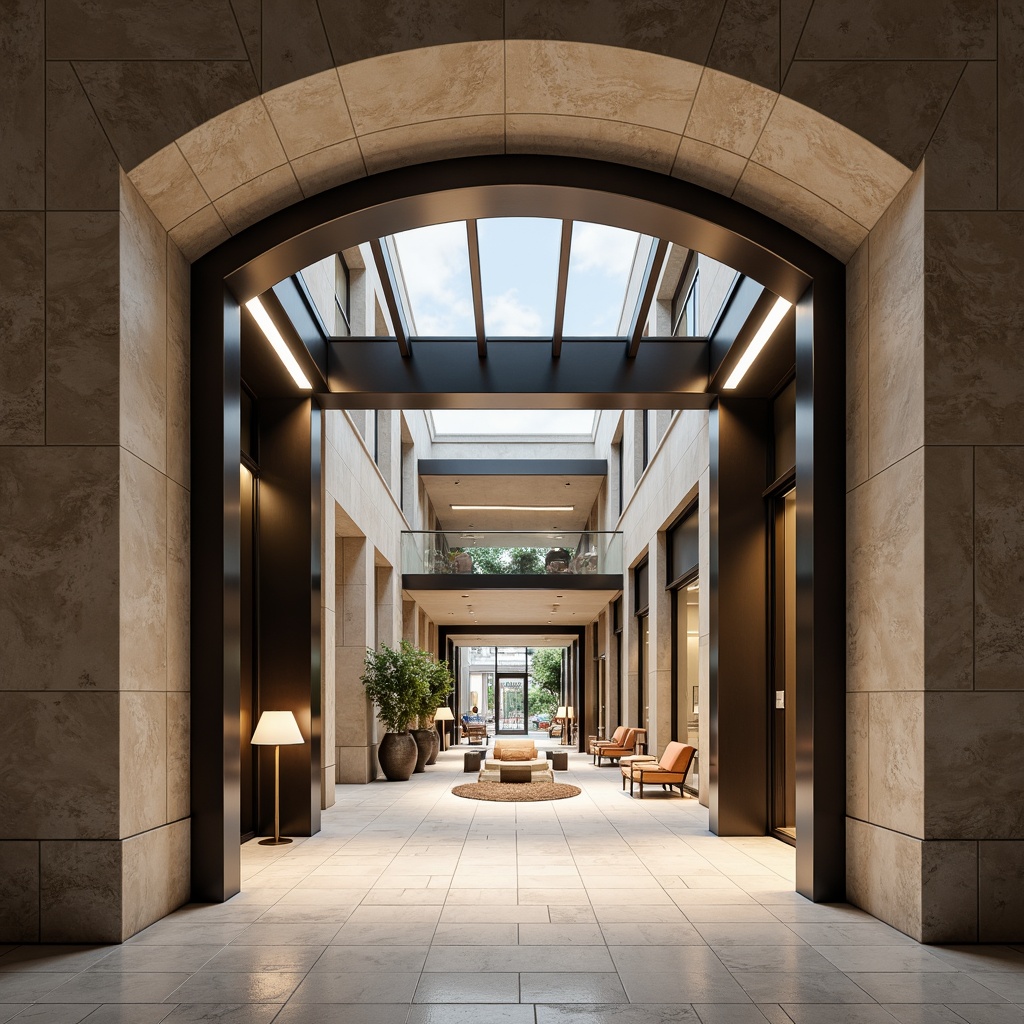 Prompt: Grand entrance archway, modern minimalist design, sleek metal frames, glass canopy, LED lighting, polished marble floors, high-ceiling lobby, spacious atrium, natural stone walls, elegant furnishings, sophisticated ambiance, warm neutral color scheme, subtle textures, 1/1 composition, softbox lighting, atmospheric misting system.