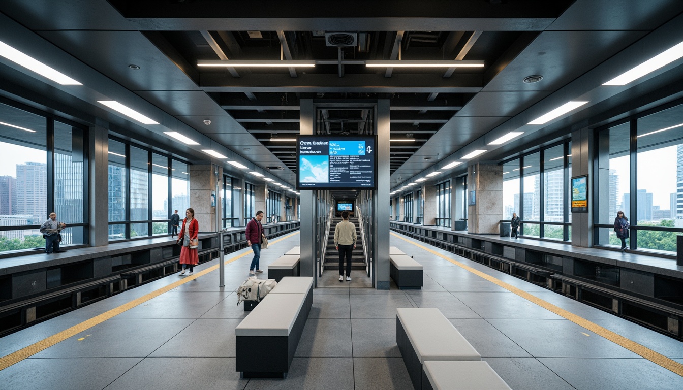 Prompt: Modern metro station, sleek glass fa\u00e7ade, stainless steel accents, polished concrete floors, LED lighting systems, futuristic elevator designs, minimalist signage, spacious platform areas, comfortable seating benches, vibrant color schemes, dynamic digital displays, acoustic sound panels, efficient air circulation systems, natural stone walls, metallic column cladding, energy-efficient HVAC systems, advanced security cameras, panoramic city views, shallow depth of field, 1/1 composition, realistic textures, ambient occlusion.