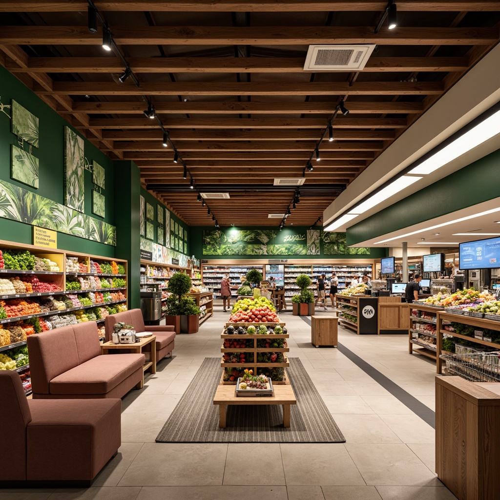 Prompt: Inviting grocery store interior, natural wood accents, warm lighting, comfortable seating areas, decorative green walls, abundant fresh produce displays, vibrant colorful packaging, modern shelving units, easy navigation signs, spacious aisles, shopping cart stations, checkout counters with digital screens, LED lighting, soft background music, 1/2 composition, shallow depth of field, realistic textures, ambient occlusion.