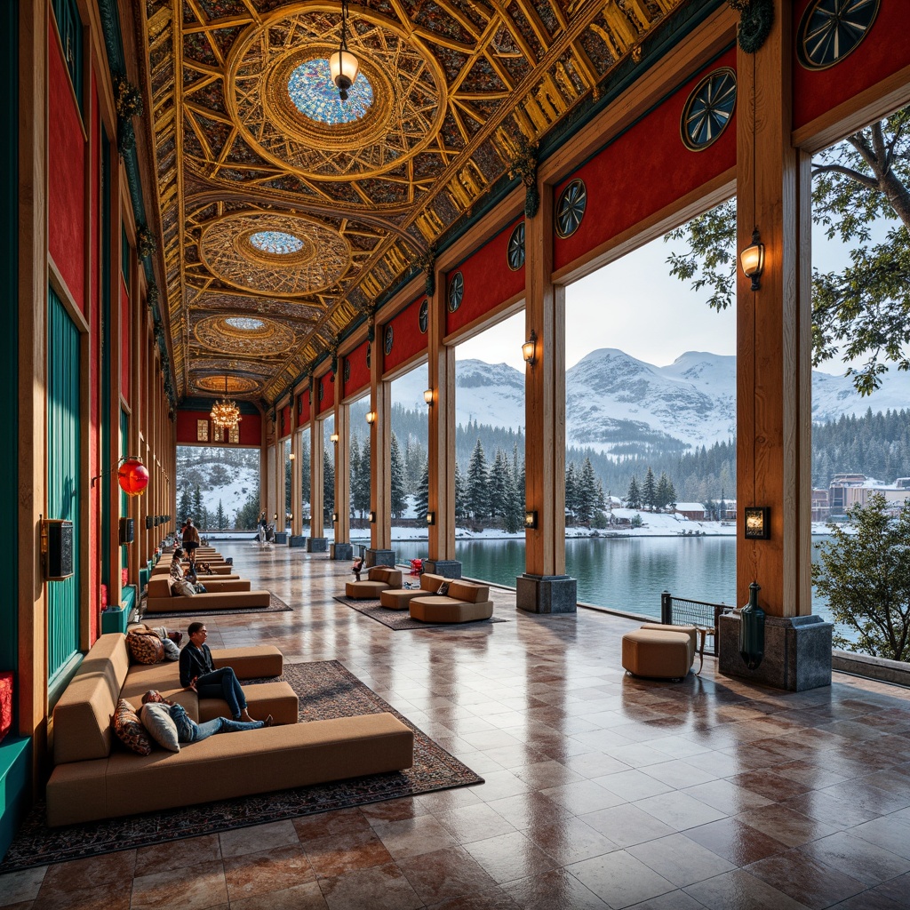 Prompt: \Byzantine-inspired ski center, ornate golden domes, intricate mosaics, vibrant turquoise accents, rich crimson walls, polished marble floors, rustic wooden beams, snow-capped mountains, frozen lakes, misty morning atmosphere, soft warm lighting, shallow depth of field, 1/2 composition, realistic textures, ambient occlusion.\