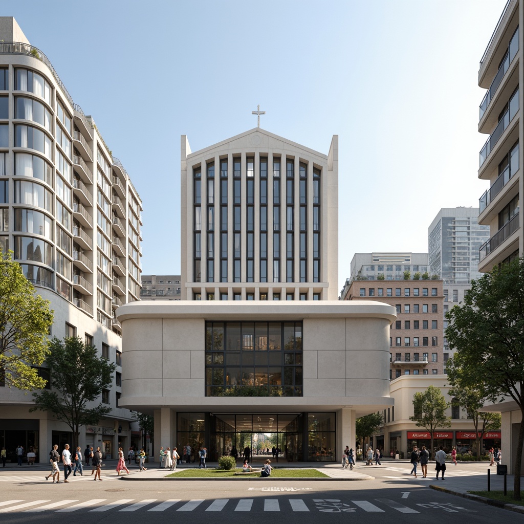 Prompt: Modern church facade, clean lines, minimal ornamentation, rectangular forms, flat roofs, large windows, steel frames, glass surfaces, neutral color palette, urban context, bustling cityscape, sunny day, soft warm lighting, shallow depth of field, 3/4 composition, symmetrical balance, minimalist typography, subtle texture details, ambient occlusion.