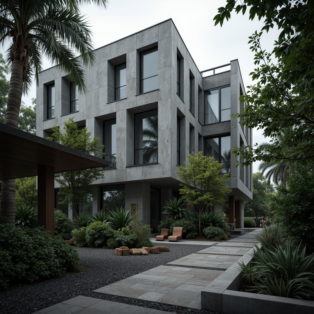 Prompt: Rugged office building, brutalist architecture, raw concrete walls, industrial steel beams, geometric shapes, urban jungle setting, dense foliage, tropical plants, statement trees, gravel pathways, weathered stone benches, metal sculptures, dramatic shadows, high-contrast lighting, cinematic composition, moody atmosphere, misty morning, overcast sky, abstract textures, gritty details.