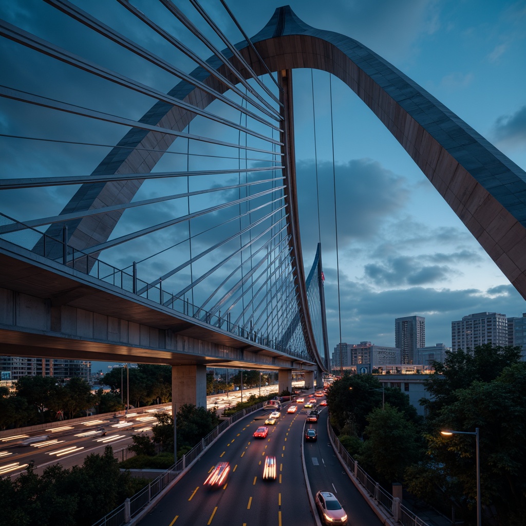 Prompt: Futuristic suspension bridge, sleek metal arches, gleaming steel cables, dynamic diagonal lines, aerodynamic shape, cantilevered sections, LED lighting strips, misty atmospheric effects, cityscape backdrop, modern urban landscape, busy highway interchange, vibrant neon lights, dramatic nighttime ambiance, low-angle viewpoint, cinematic composition, detailed metallic textures, ambient occlusion.