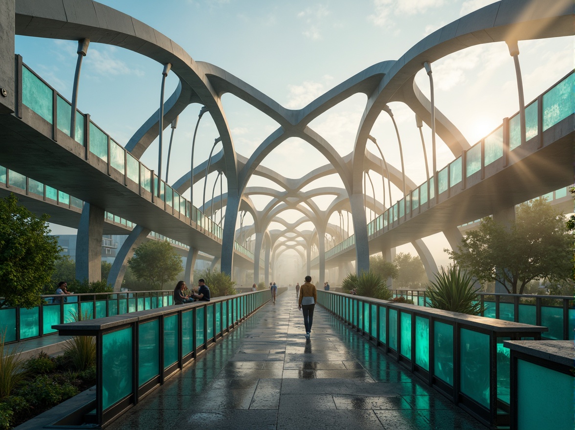 Prompt: Curved bridge silhouette, sweeping arches, organic shapes, interconnected pathways, vibrant turquoise accents, iridescent glass railings, undulating metal beams, futuristic LED lighting, misty morning atmosphere, soft golden hour, shallow depth of field, 1/1 composition, symmetrical framing, stylized structural details, abstract textures, atmospheric fog effects.