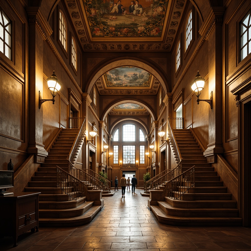 Prompt: Grand archways, ornate stone carvings, majestic columns, sweeping staircases, elegant lanterns, rich wood paneling, stained glass windows, vaulted ceilings, intricate moldings, classic literature-inspired murals, warm golden lighting, soft focus photography, 1/2 composition, atmospheric perspective, detailed textures, subtle ambient occlusion.