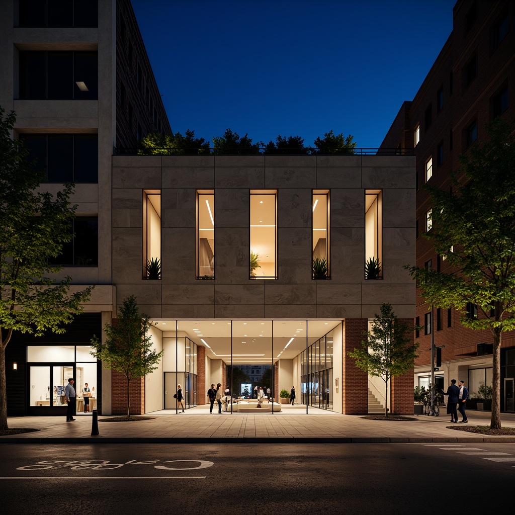 Prompt: International style building facade, rectangular forms, clean lines, minimal ornamentation, functional simplicity, exposed brick masonry, textured concrete walls, steel frame structures, large glass windows, sliding doors, open floor plans, modernist aesthetic, urban cityscape, busy streets, cosmopolitan atmosphere, dramatic nighttime lighting, low-angle shot, 1/2 composition, shallow depth of field, realistic textures, ambient occlusion.